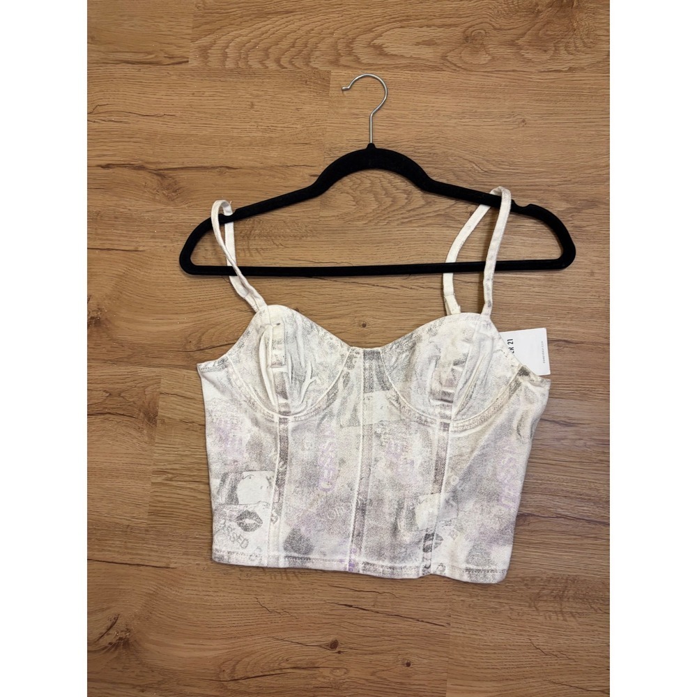 Forever 21 Bustier Top Womens Small White Newsprint Corset Crop Top Zipper Back - Picture 8 of 8
